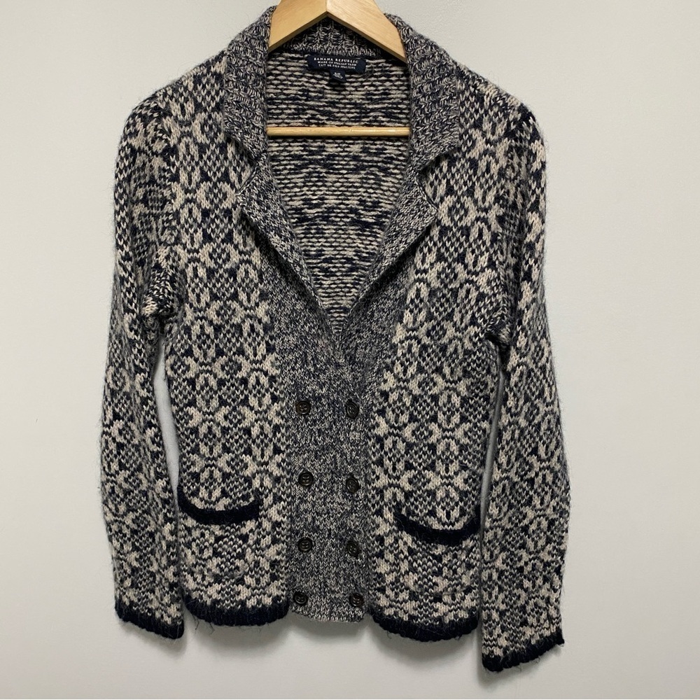 Banana Republic Cardigan Womens Small Blue Gray Fair Isle Wool Alpaca Knit